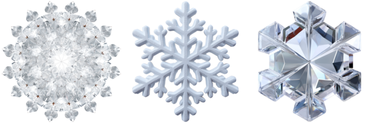 Three distinctive crystal snowflakes are displayed in isolated PNG format, featuring intricate shapes and details, ideal for holiday designs and winter decorations