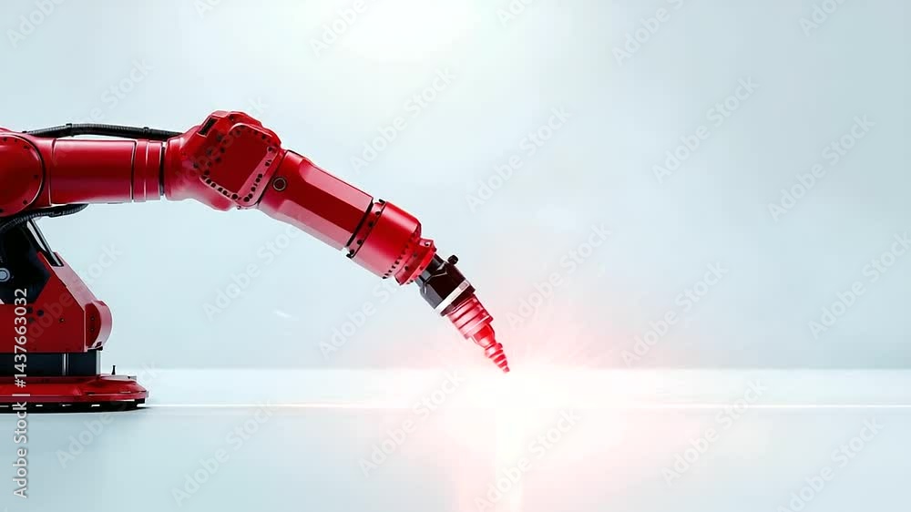 Poster a robotic vehicle assembly arm with a welding torch, precisely positioned on a white background, sym