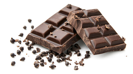 Two pieces of chocolate with a pile of chocolate chips on top