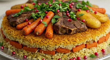 Oriental dish of rice pilaf with lamb, carrots and potatoes. traditional eastern cuisine concept for food blog or cooking website.