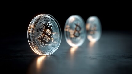 Shining Bitcoin Coins on Dark Surface representing Digital Currency Wealth