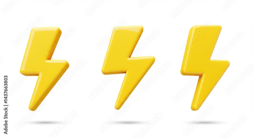 Poster three yellow lightning bolt icons arranged in a row on a white background with soft shadows