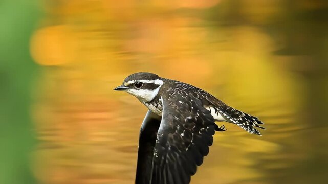 Killdeer bird in flight against blurred colorful background with wings extended, feathers detailed and eye sharp in focus.