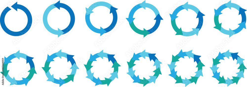 Poster pie chart circular diagrams with arrows. colorful diagram collection with 2,3,4,5,6 sections or step