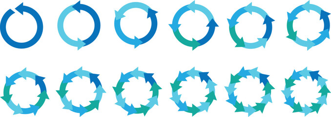 Pie chart circular diagrams with arrows. Colorful diagram collection with 2,3,4,5,6 sections or steps. Circle icons for infographic. Pie chart into an arrow ring chart.