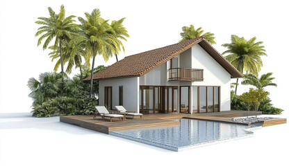 Fototapeta premium beautiful vacation home surrounded by palm trees and serene pool area, perfect for relaxation