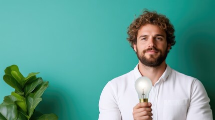 A bearded man holding a light bulb against a teal background, wearing a white shirt, indoor setting with green plant, and concept of innovation and ideas.