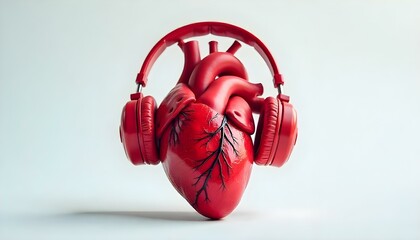 Red Human Heart with Headphones – Conceptual Health and Music Fusion