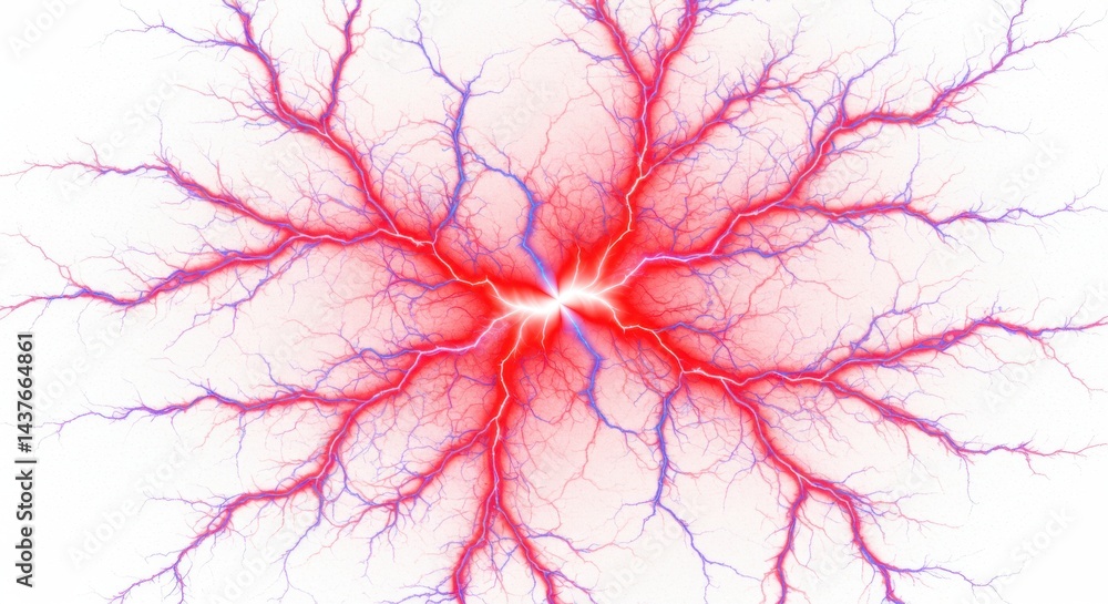 Poster abstract fractal design with red and blue branching pattern emanating from a central point on white