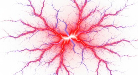 Abstract fractal design with red and blue branching pattern emanating from a central point on white