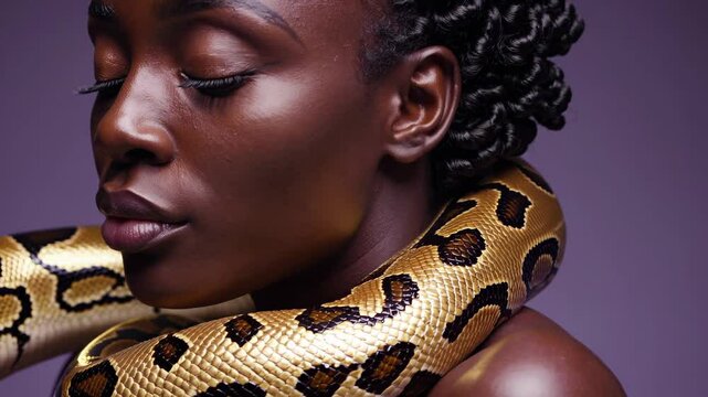 A woman poses in a studio with a python coiled around her shoulders; the snake glistens under the lights, highlighting the fearless style with the snake's graceful presence.