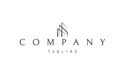 Vector logo with an abstract image of a building made of lines of light.