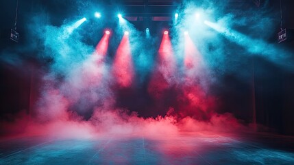 Illuminated stage with scenic lights and smoke on dark background.