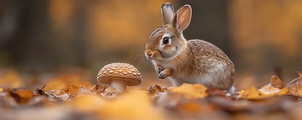 Obraz premium A rabbit watches a mushroom in an autumn forest on a bed of leaves, close up