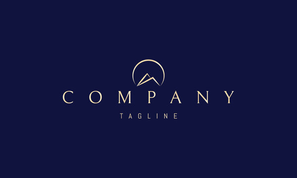 Vector golden logo with abstract image of mountains at sunrise in linear style.