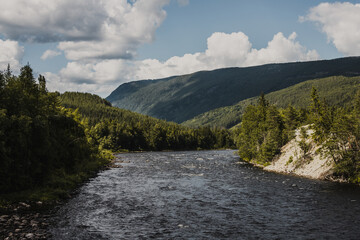 Norwegian fishing river Hallingdalselva with green forest in the background against blue sky