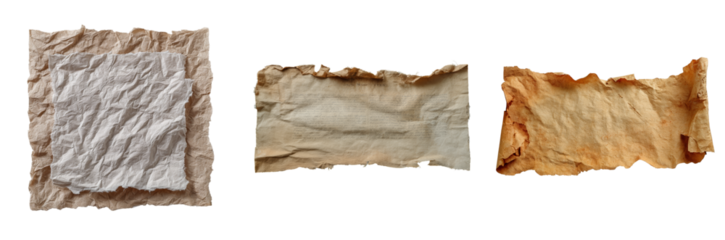 Three pieces of wrinkled paper in different colors and textures lay isolated. Each piece features a unique design ideal for artistic and decorative use