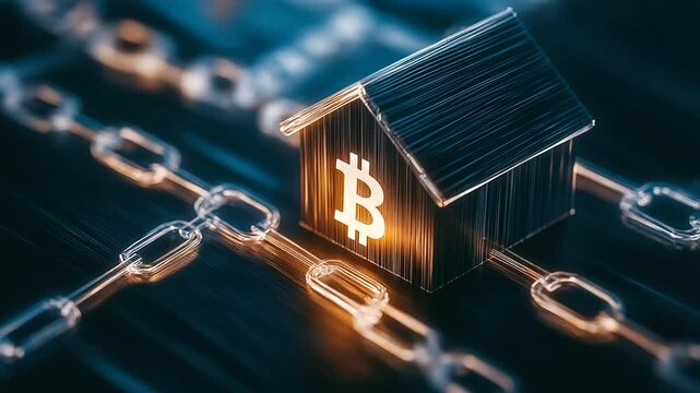 A wooden house enclosed by an abstract, glowing blockchain chain, emphasizing decentralized ownership and tokenized real estate security.