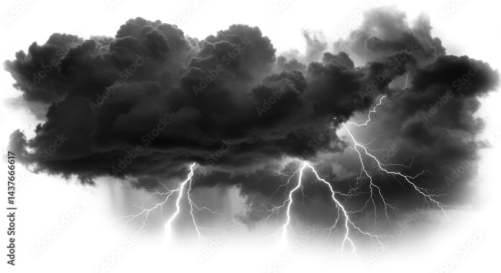 Poster stormy weather with dark clouds and lightning strikes isolated on a white background in monochrome s