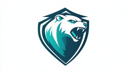 Polar bear mascot, shield, roaring, white background, gaming logo