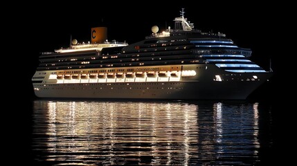 Illuminated cruise liner at night, reflecting in calm waters.