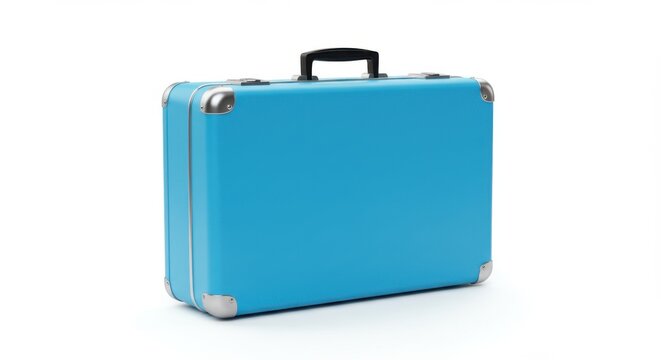A turquoise suitcase with a black handle and silver corner protectors on a white background surface - Powered by Adobe