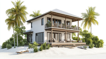 Fototapeta premium beautiful vacation home surrounded by palm trees and lush greenery, perfect for relaxation