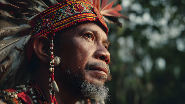 Portrait of a wise tribesman showcasing traditional attire and serene expression reflecting heritage