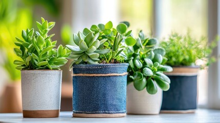 Fototapeta premium Stylish Indoor Potted Plants in Decorative Containers on Table