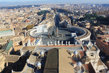 Aerial view of St. Peter's Square and the surrounding cityscape of Vatican City and Rome under...