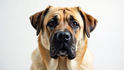 Obraz premium Single mastiff, focused gaze, pure white backdrop, mastiff, isolated animal, detail