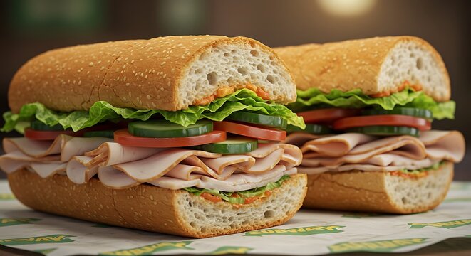 Ultra HD, hyper-realistic, 32K pixels, cinematic Subway footlong sandwich diagonally cut revealing layers of fresh veggies and turkey under deli counter lighting.