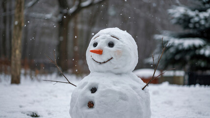 Snowflakes fall gently around a snowman in the snowy yard