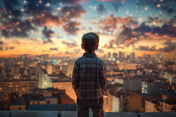 Plakat young man looking at sunset over city