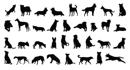dog and puppy silhouette set. dog and puppy different breed. greyhound, pug, shepherd, French bulldog and others isolated farm animal silhouette icon vector collection