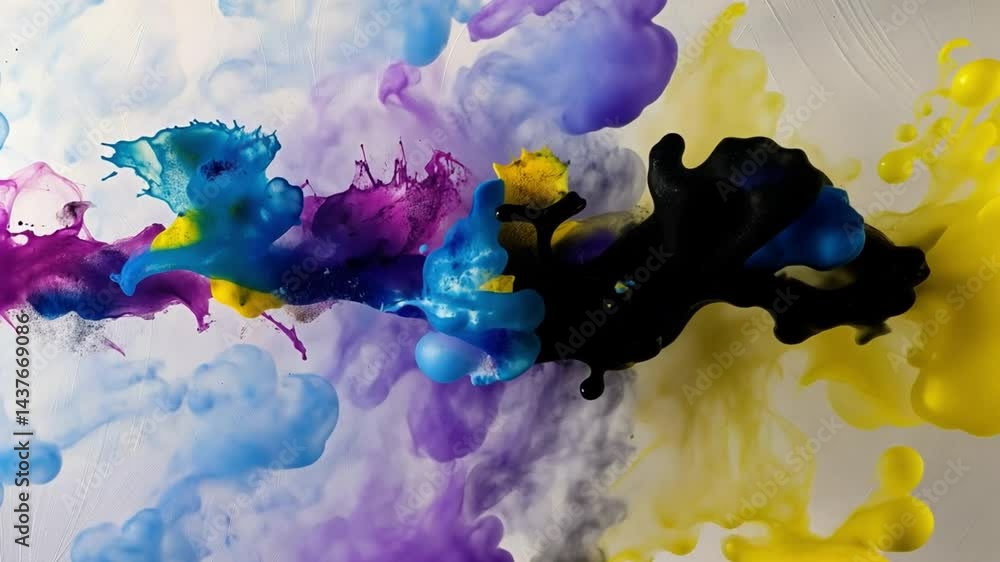 Poster vibrant abstract painting with colorful splashes of blue, purple, yellow, and black creates dynamic 