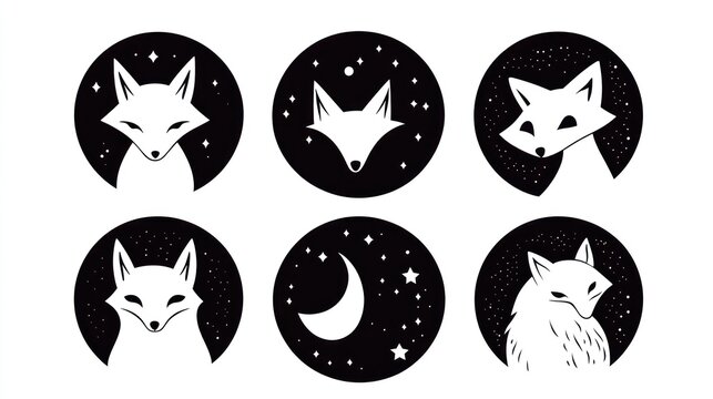 Six cute fox night sky illustrations; design elements