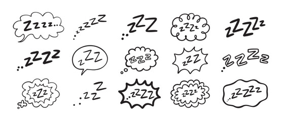 Zzz Zzzz bed sleep snore sound bubble set, snooze nap Z sound icon cloud set. Sleepy Zzz doodle hand drawn line icons