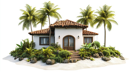Fototapeta premium charming vacation home surrounded by lush greenery and palm trees, perfect for relaxation