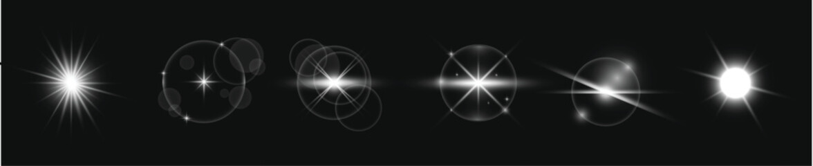 A digital CGI sequence of five white, star-like lights popping against a pitch-black backdrop. Each light bursts into a different shape and size, with trails and rays shooting out