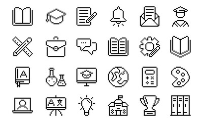 Education simple pixel icons. Related student, academy, school, book. Vector illustration.