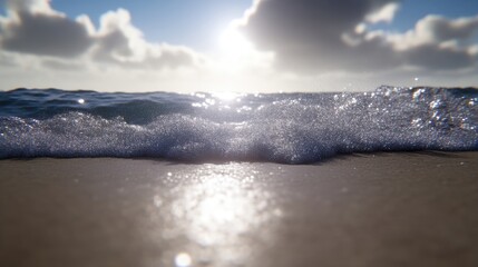 Foamy waves lapping onto a sandy shore, bathed in sunlight.  A tranquil coastal scene