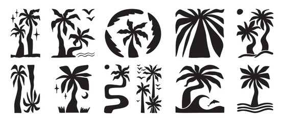 Doodle hand drawn palms boho trendy bold silhouette elements, hippie palm tree poster icon set © Yanka