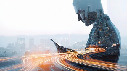 Double Exposure Image of Businessman Using Smartphone in Cityscape