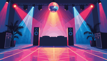 Vibrant DJ booth with disco lights and geometric patterns, nightlife energy