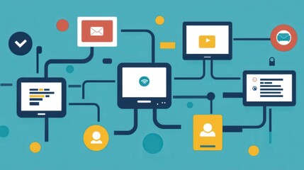 Modern Technology Connection Concept with Devices and Communication Icons on a Teal Background