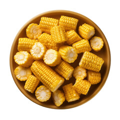 Freshly cut sweet corn kernels in a bowl, perfect for salads or side dishes, showcasing vibrant yellow color and natural sweetness. on transparent background