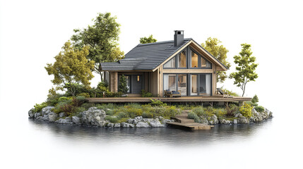 serene vacation home surrounded by nature, featuring wooden structure and large windows