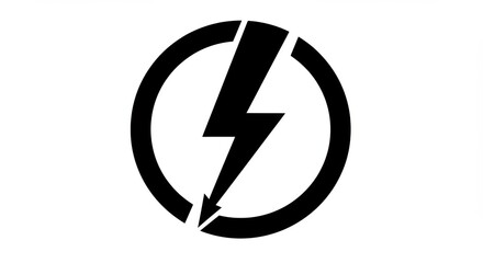 A graphic of a black lightning bolt cutting through a black circle on a white background design element