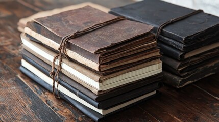 Naklejka premium Stacked Vintage Notebooks on Wooden Table with Rustic Background